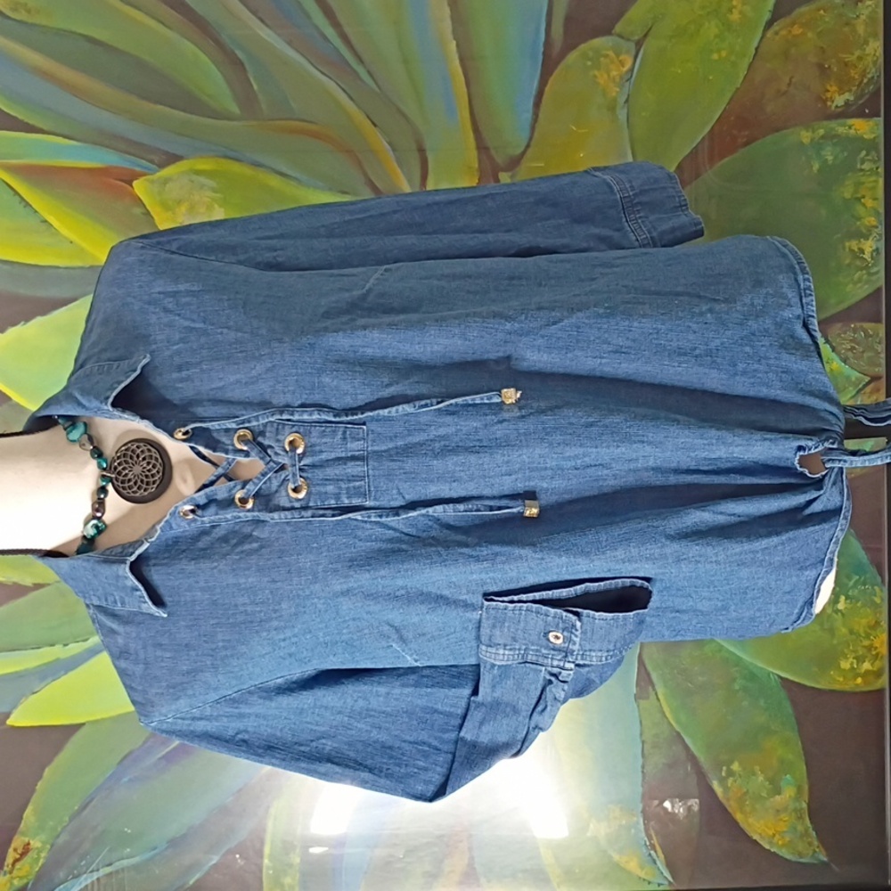 Anne Klein Denim Blue Lace-Up Women's Top